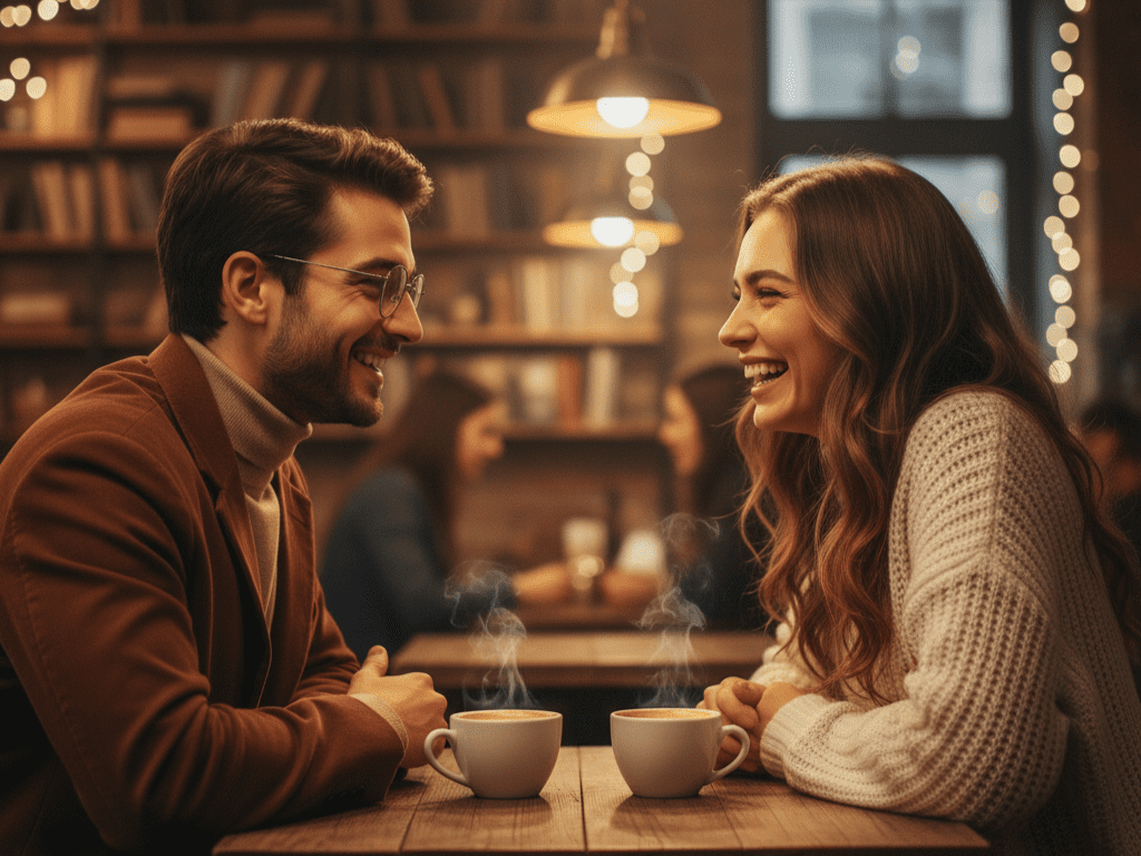 남성과 여성이 긱시크 스타일 옷을 입고 카페에서 대화하는 모습의 일러스트