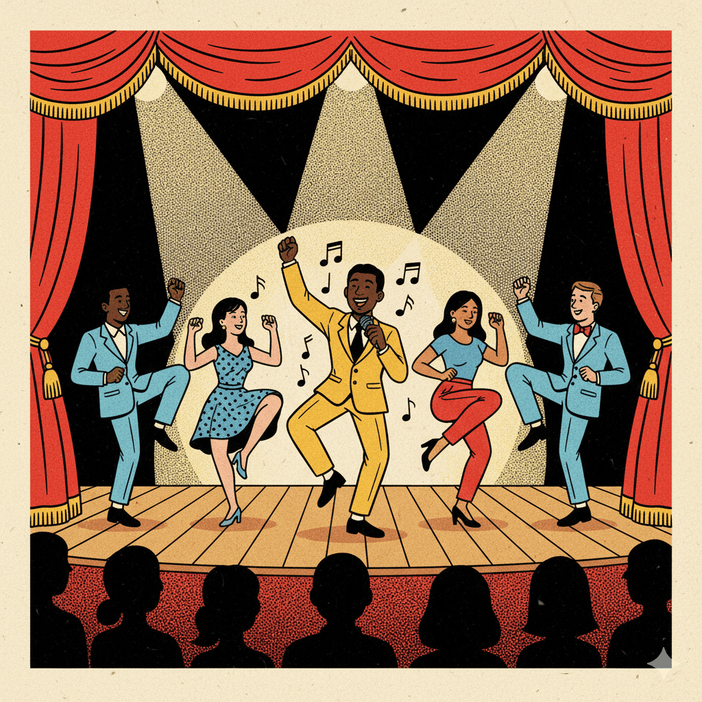 뮤지컬 무대 위에서 역동적으로 노래하고 춤추는 앙상블 배우들의 모습