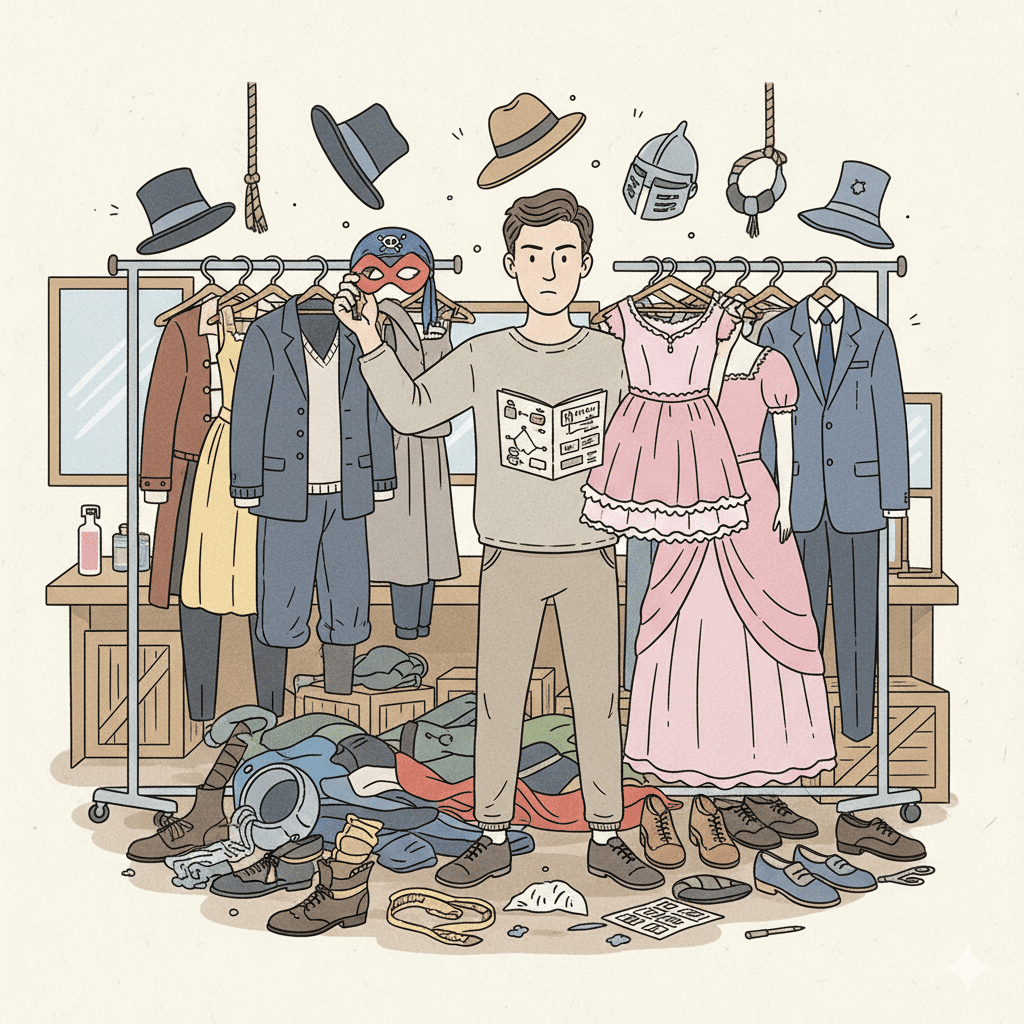 여러 의상과 소품에 둘러싸여 다양한 역할을 준비하는 스윙 배우의 모습