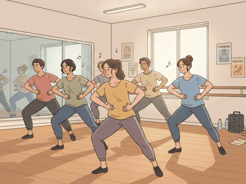 연습실에서 배우들이 함께 땀 흘리며 안무를 맞추는 모습