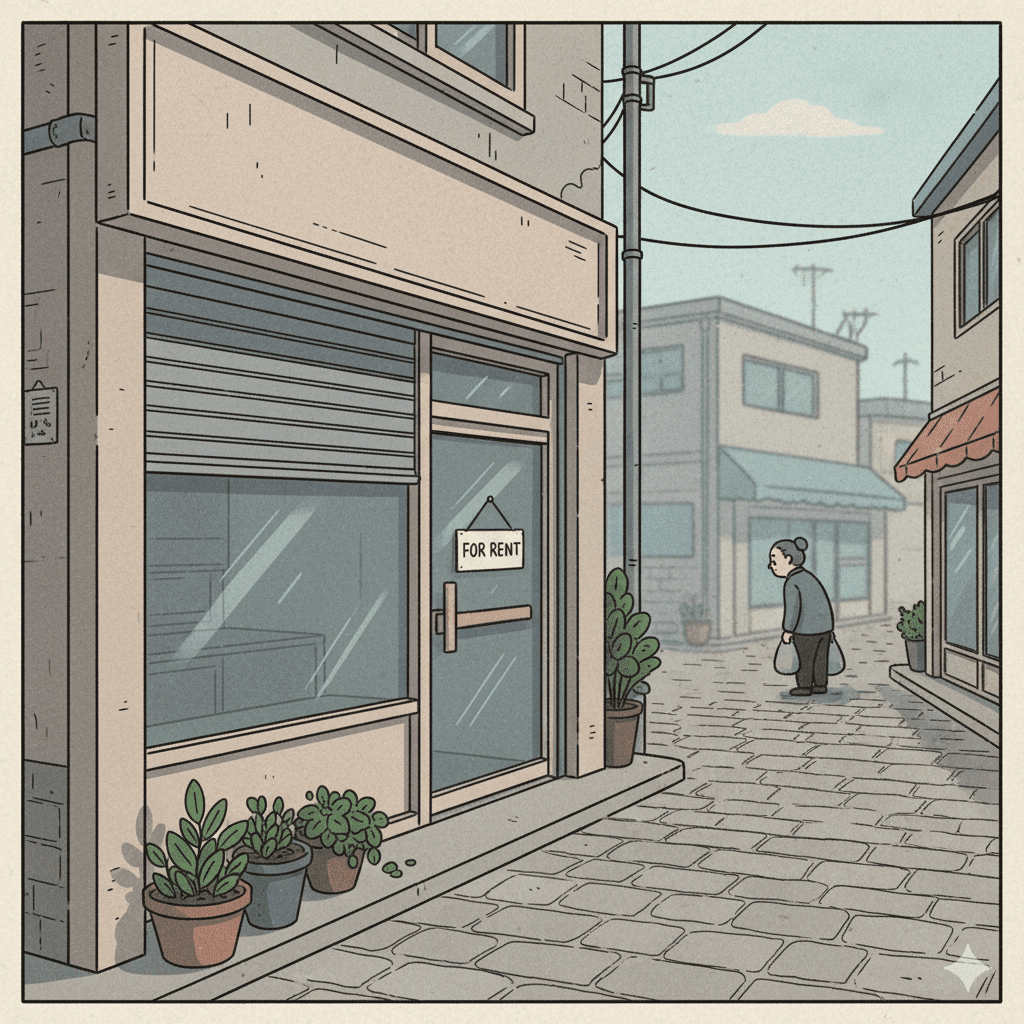 젠트리피케이션의 부작용 젠트리피케이션으로 인해 임대료가 급등하면서 원래 있던 작은 가게가 문을 닫고 '임대 문의' 현수막이 붙어있는 모습의 일러스트