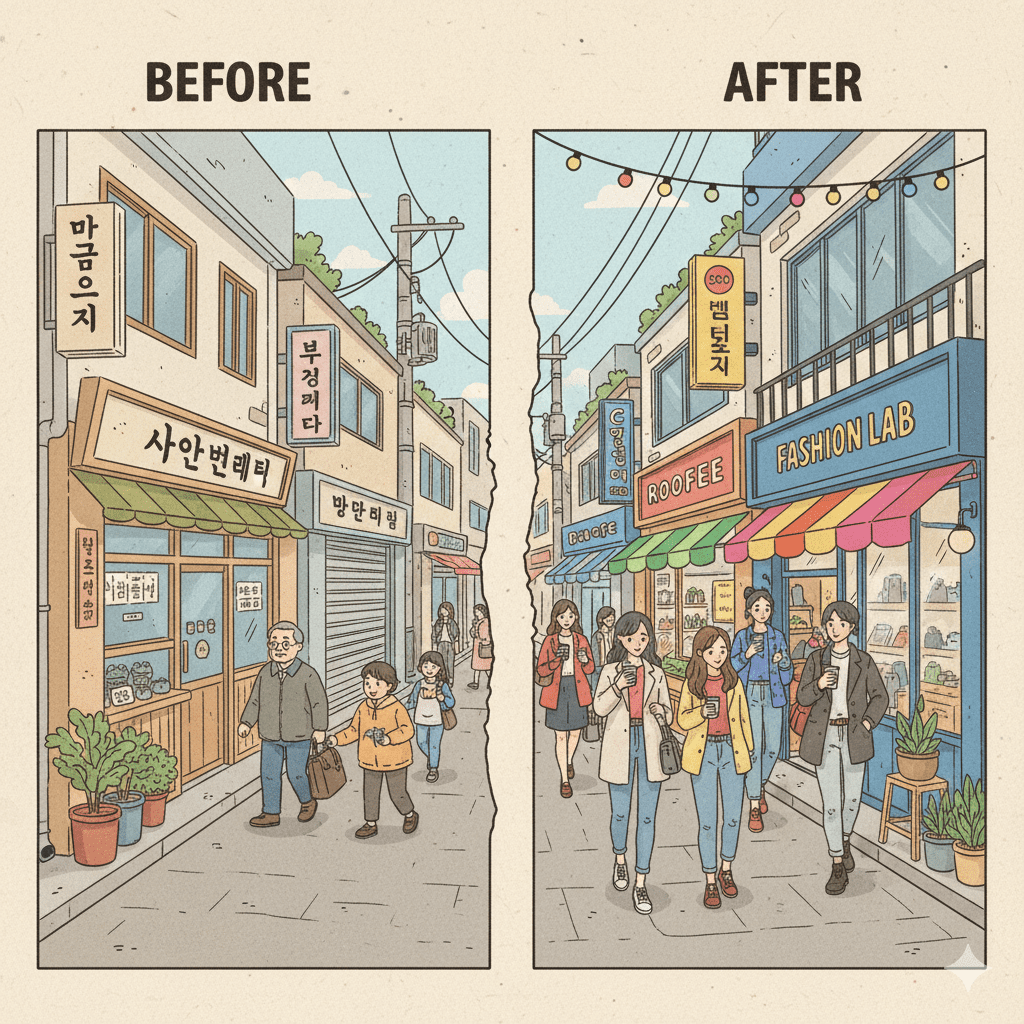 젠트리피케이션 과정 젠트리피케이션으로 인해 낡고 조용한 거리가 활기차고 새로운 상점들로 변화하는 과정을 보여주는 일러스트