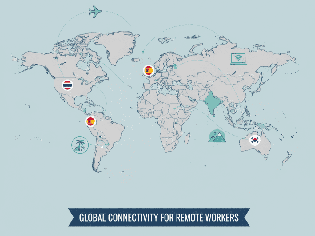 디지털 노마드 비자 운영 국가들 세계 지도에 깃발과 비자 아이콘이 꽂혀 있는 모습