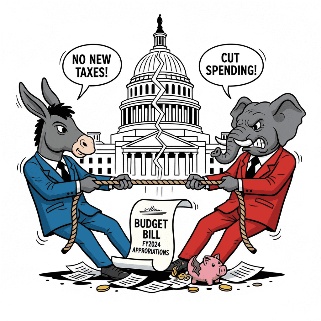 당나귀와 코끼리 복장을 한 정치인들이 예산안 서류를 두고 줄다리기를 하는 풍자 일러스트