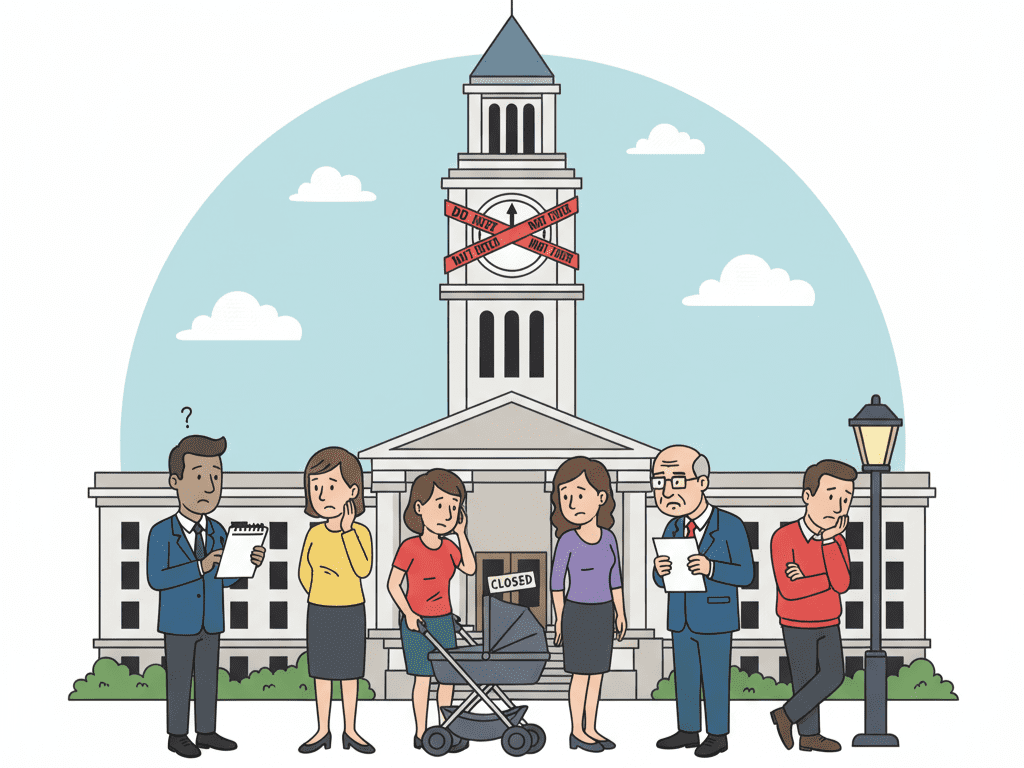 시민들이 멈춰버린 관공서 시계 앞에서 하염없이 기다리는 모습을 표현한 일러스트