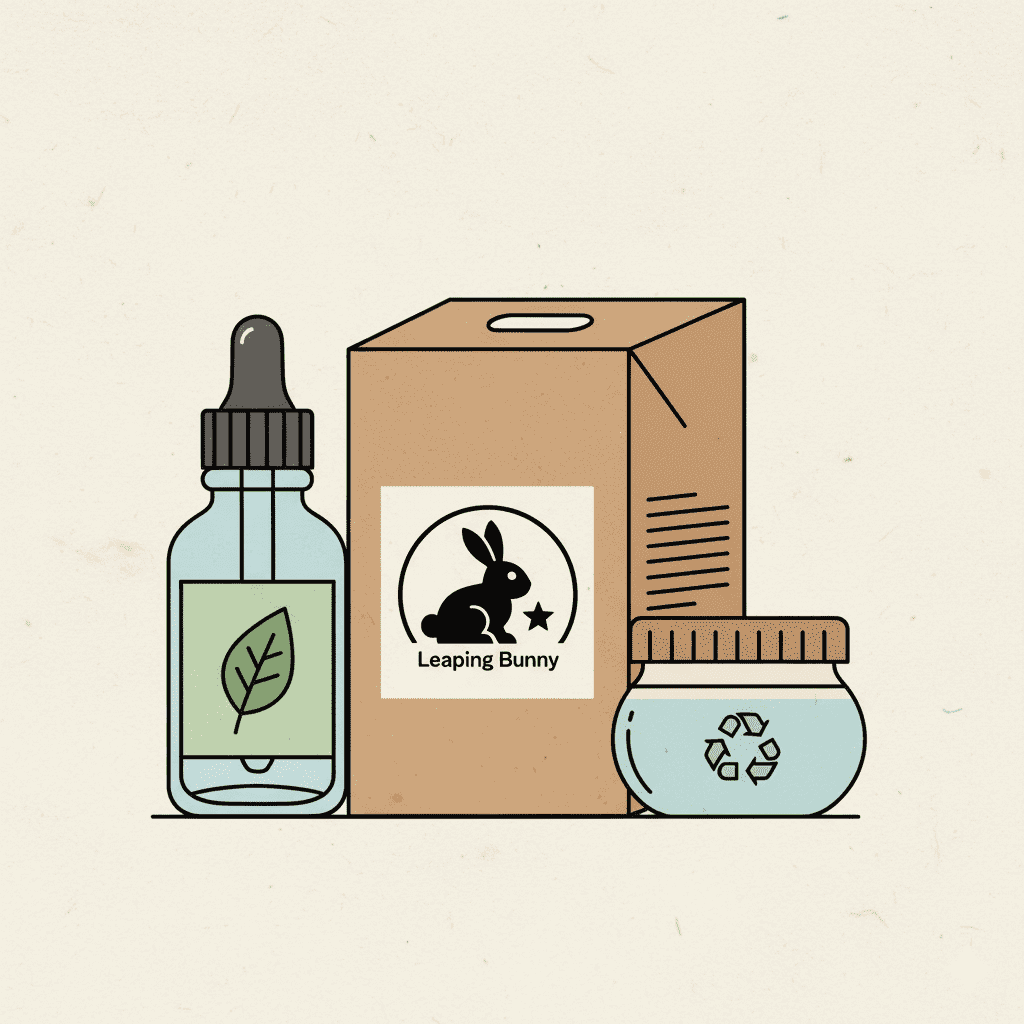 윤리적 생산과 지속가능성 재활용 가능한 유리병, 종이 상자로 포장된 화장품들과 그 옆에 '리핑 버니' 로고가 그려져 있는 모습의 일러스트