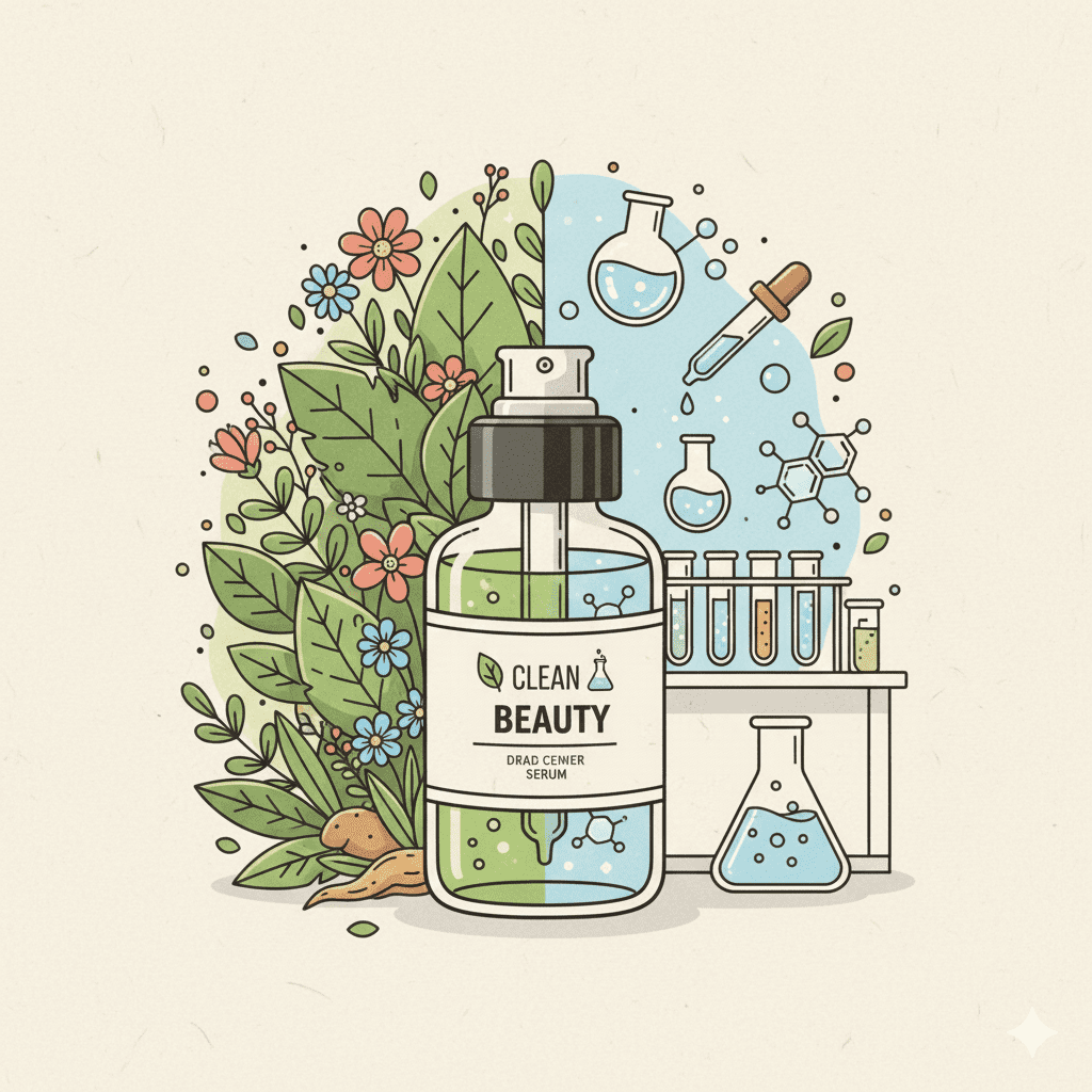 클린 뷰티의 개념 화장품 병 주변으로 나뭇잎, 꽃과 같은 자연 유래 성분과 비커, 스포이트 같은 과학 실험 도구가 함께 어우러져 있는 일러스트