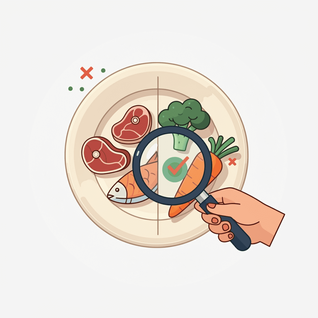 카니보어 식단을 설명하는 이미지 - 한쪽에는 고기와 생선, 다른 쪽에는 과일과 채소에 X 표시가 되어 있다.