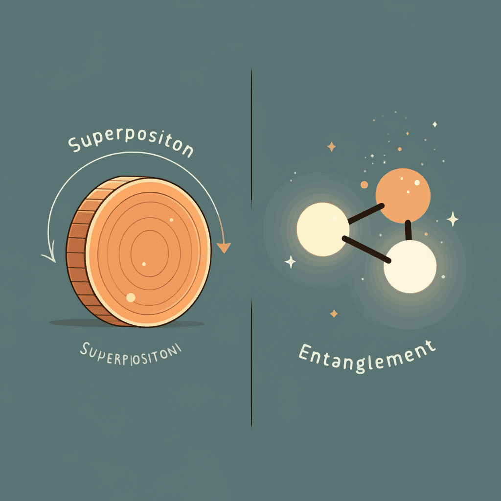 양자 컴퓨터의 핵심 원리인 큐비트의 중첩과 얽힘 상태를 귀여운 캐릭터로 묘사한 일러스트