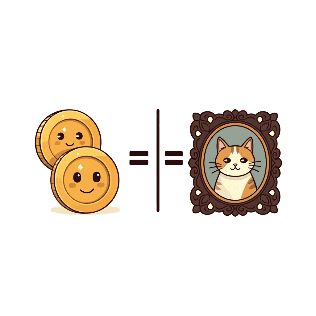 대체 가능한 동전과 대체 불가능한 독특한 예술 작품을 비교하는 일러스트