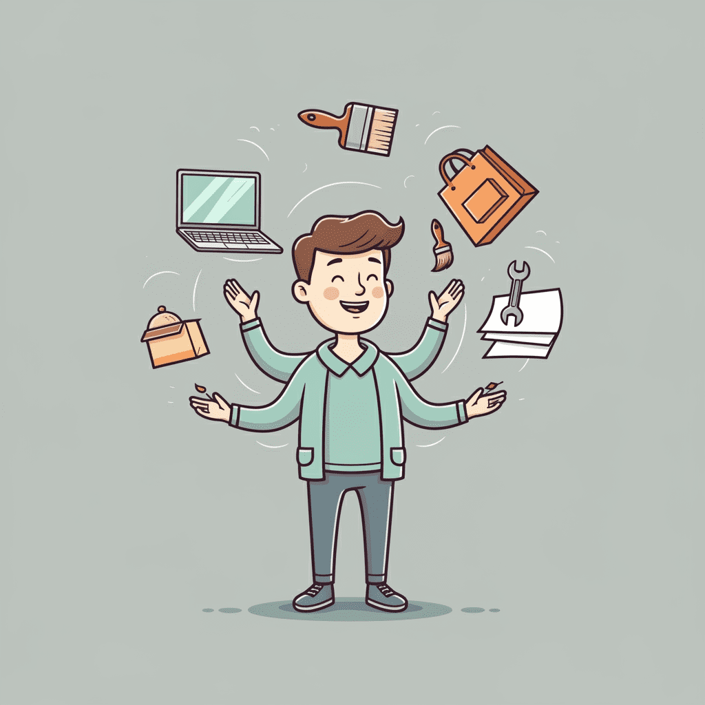 한 사람이 배달, 코딩, 디자인 등 긱 이코노미를 상징하는 다양한 업무 아이콘들을 저글링하며 바쁘게 일하는 모습을 담은 일러스트