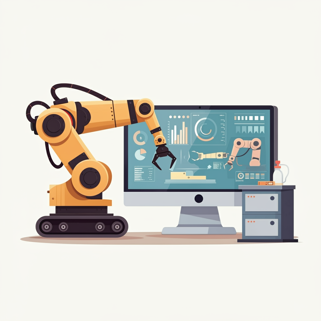 스마트 팩토리의 로봇팔과 그 움직임을 실시간으로 보여주는 컴퓨터 화면의 디지털 트윈 모델을 엔지니어가 분석하는 모습