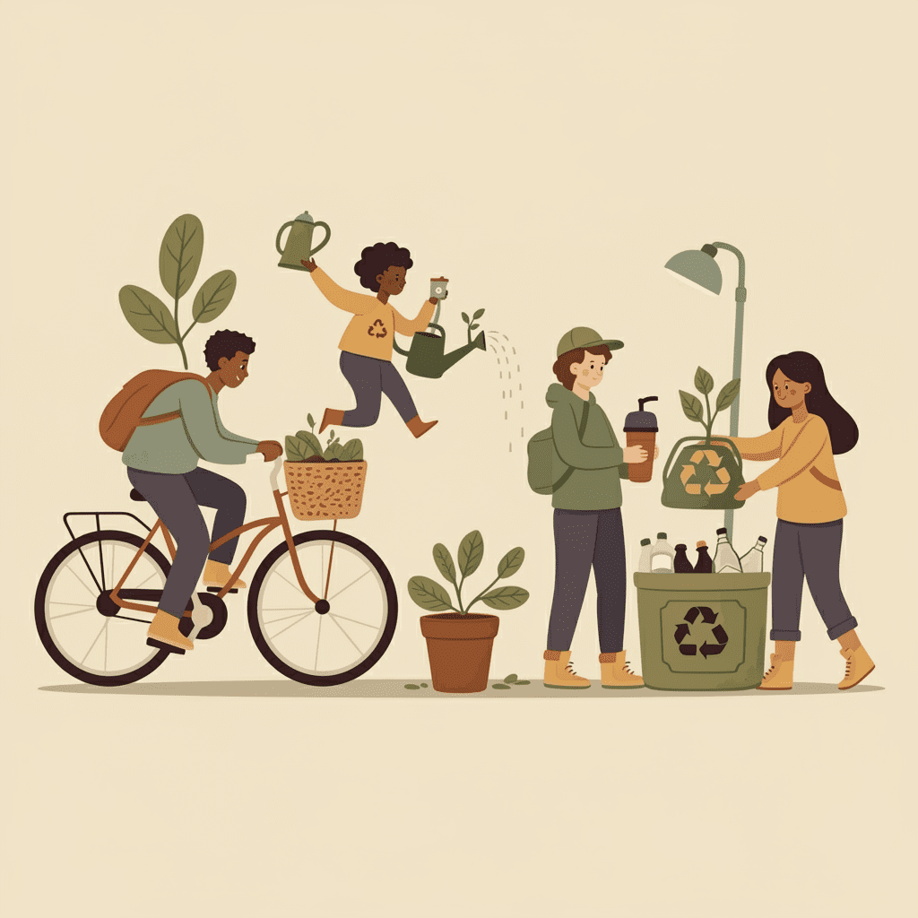 텀블러 사용, 대중교통 이용 등 일상에서 탄소중립을 실천하는 사람들의 모습을 담은 일러스트