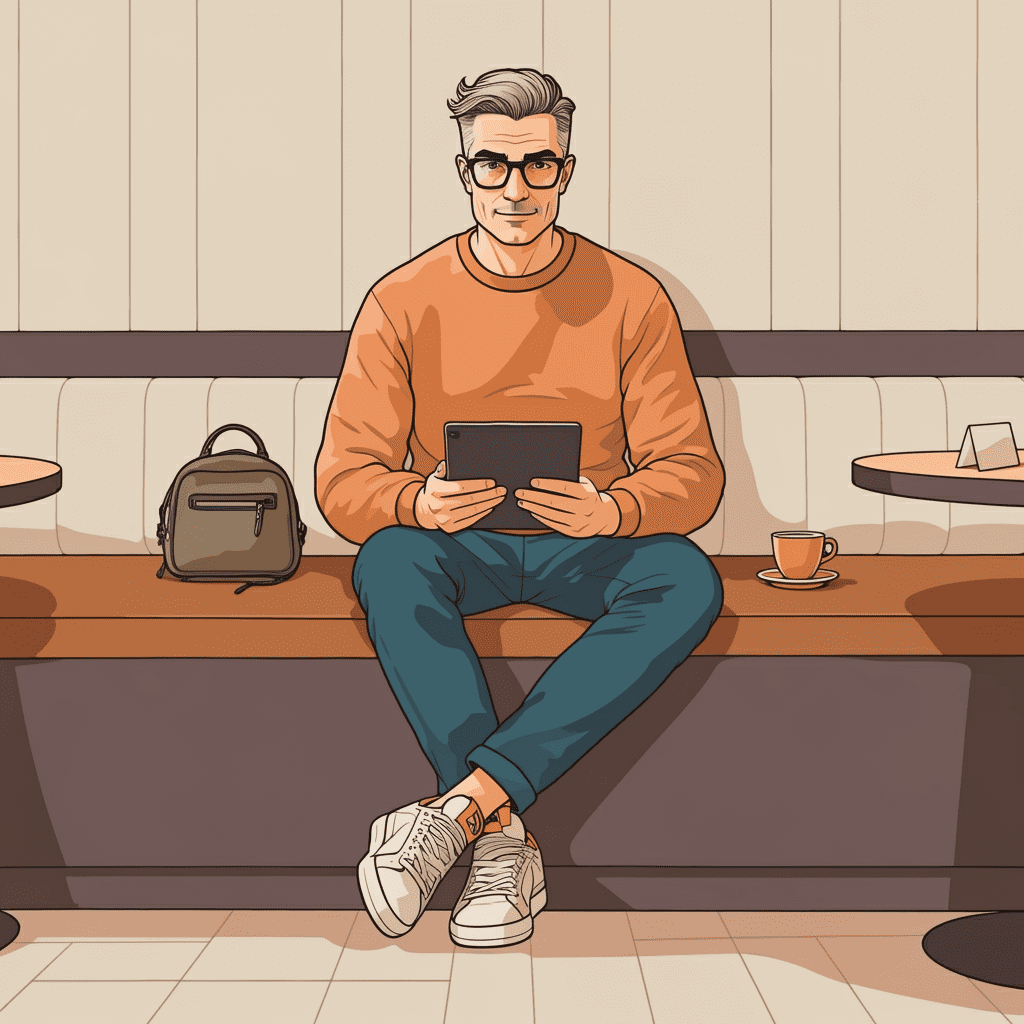 유행하는 옷을 입고 카페에서 태블릿PC를 즐기며 쇼핑하는 영포티 남성의 모습