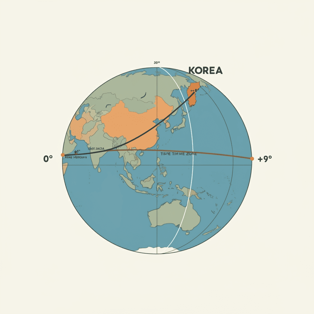 지구의 경도선과 대한민국 표준시 기준이 되는 동경 135도를 설명하는 일러스트