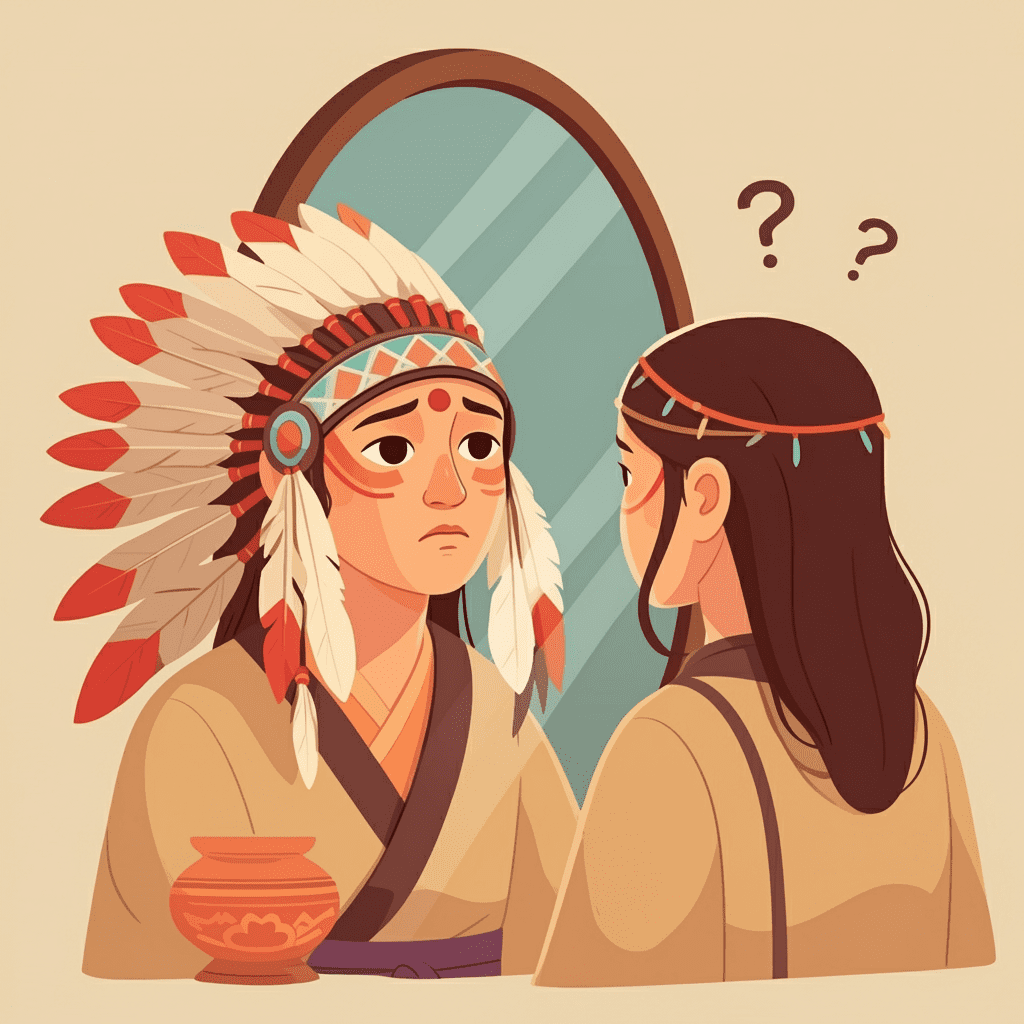 여러 문화의 상징적인 의상을 아무렇게나 섞어 입고 거울 앞에서 어리둥절해하는 사람의 모습