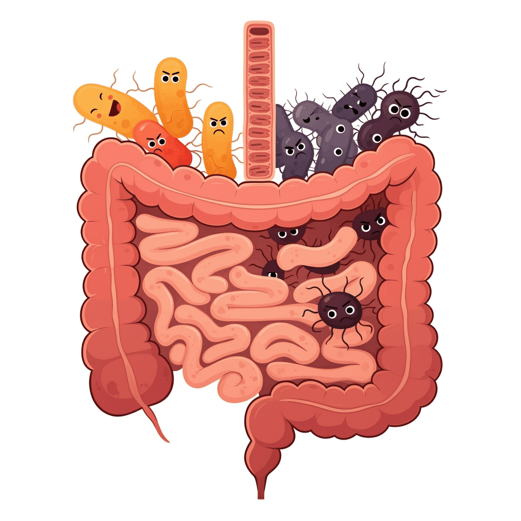 장 속에서 유익균(웃는 얼굴)과 유해균(찡그린 얼굴)이 균형을 이루고 있는 모습을 표현한 일러스트