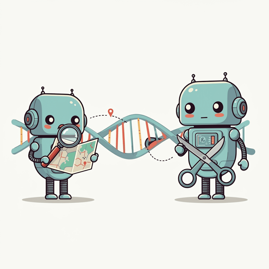 유전자 가위 크리스퍼가 DNA를 편집하는 과정을 설명하는 일러스트