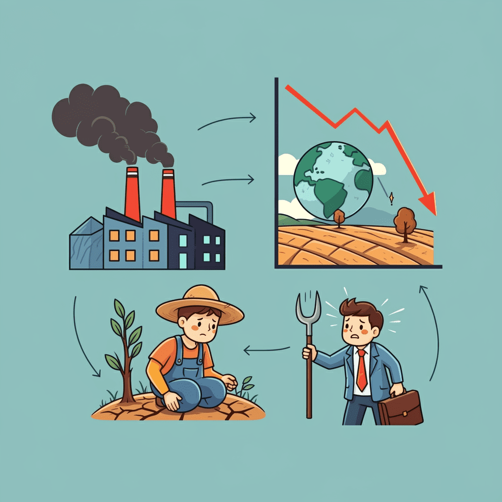 기후 변화로 인해 도시가 혼란에 빠지고 경제 그래프가 하락하는 모습을 표현한 일러스트