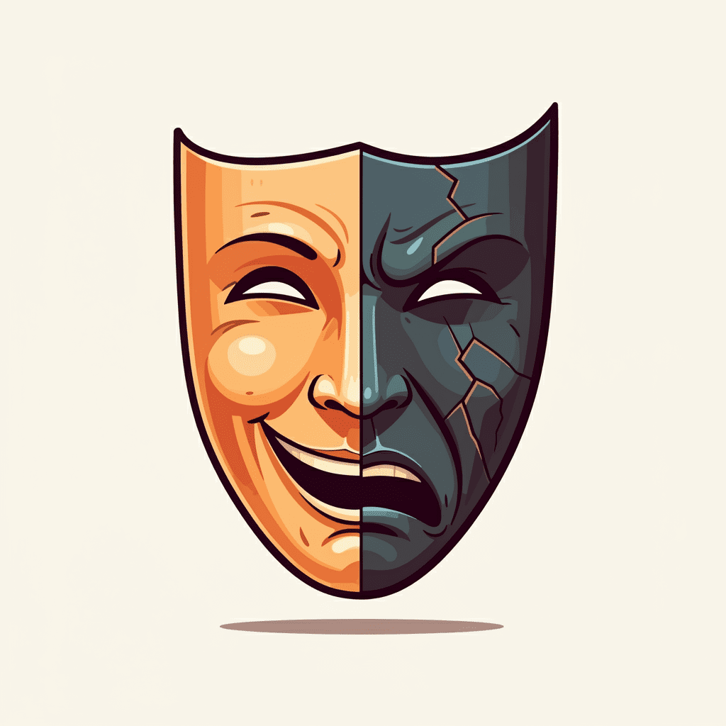 웃는 얼굴과 화난 얼굴, 두 얼굴을 가진 연극 가면을 보여주는 일러스트