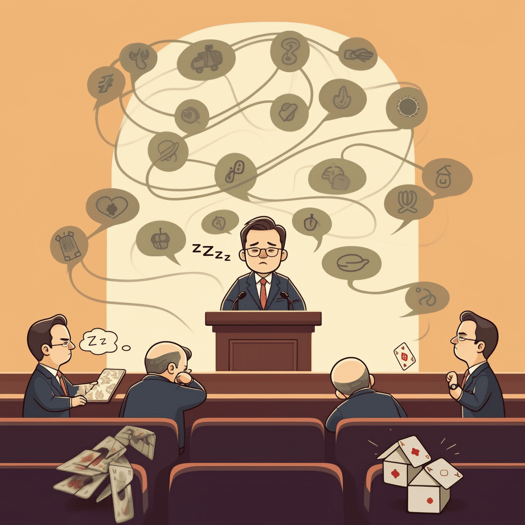 국회에서 한 의원이 단상에서 끝없이 연설을 하고 있고, 다른 의원들은 책상에 엎드려 자거나 시계를 보며 지루해하는 모습을 표현한 귀여운 일러스트