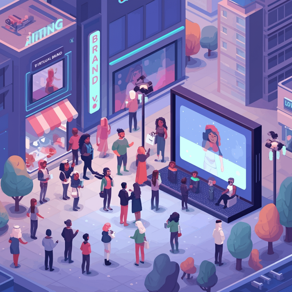 메타버스 공간에서 아바타들이 서로 소통하고 쇼핑하며 콘서트를 즐기는 모습