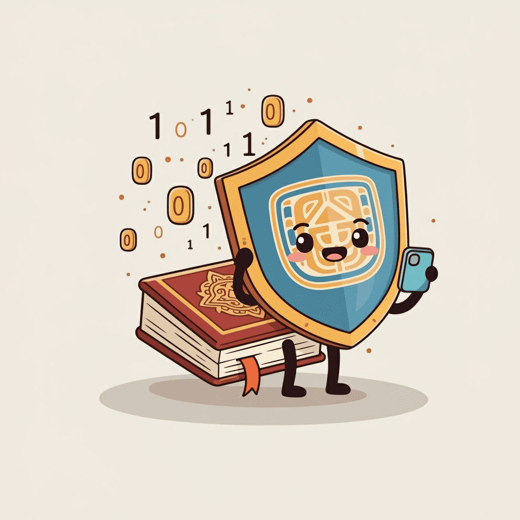 방패가 데이터와 한국의 전통 문양을 보호하고 있는 일러스트