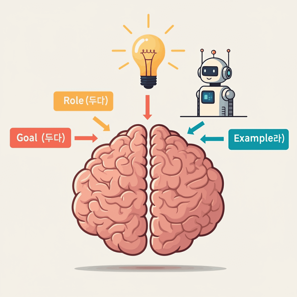 한 사람이 AI 로봇에게 역할, 목표, 형식 등 구체적인 내용이 담긴 설계도를 보여주며 원하는 결과물을 얻어내는 모습을 표현한 일러스트