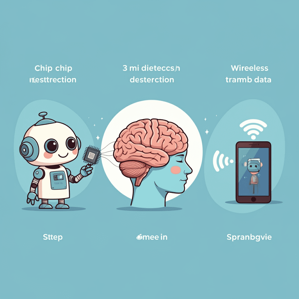 뇌와 컴퓨터가 연결되어 정보를 주고받는 뉴럴링크 기술의 개념을 나타내는 일러스트