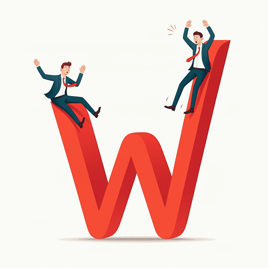 W자 모양의 경제 그래프 위에서 두 사람이 미끄러져 내려오는 모습을 유머러스하게 표현한 일러스트