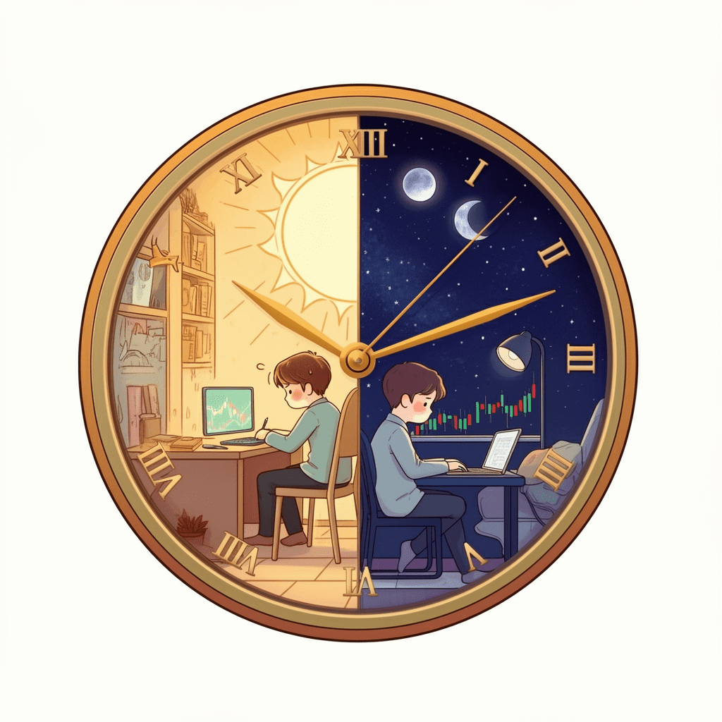 밤에 편안하게 노트북으로 주식 거래를 하는 사람과 낮에 바쁘게 일하는 모습이 분할된 시계 그림