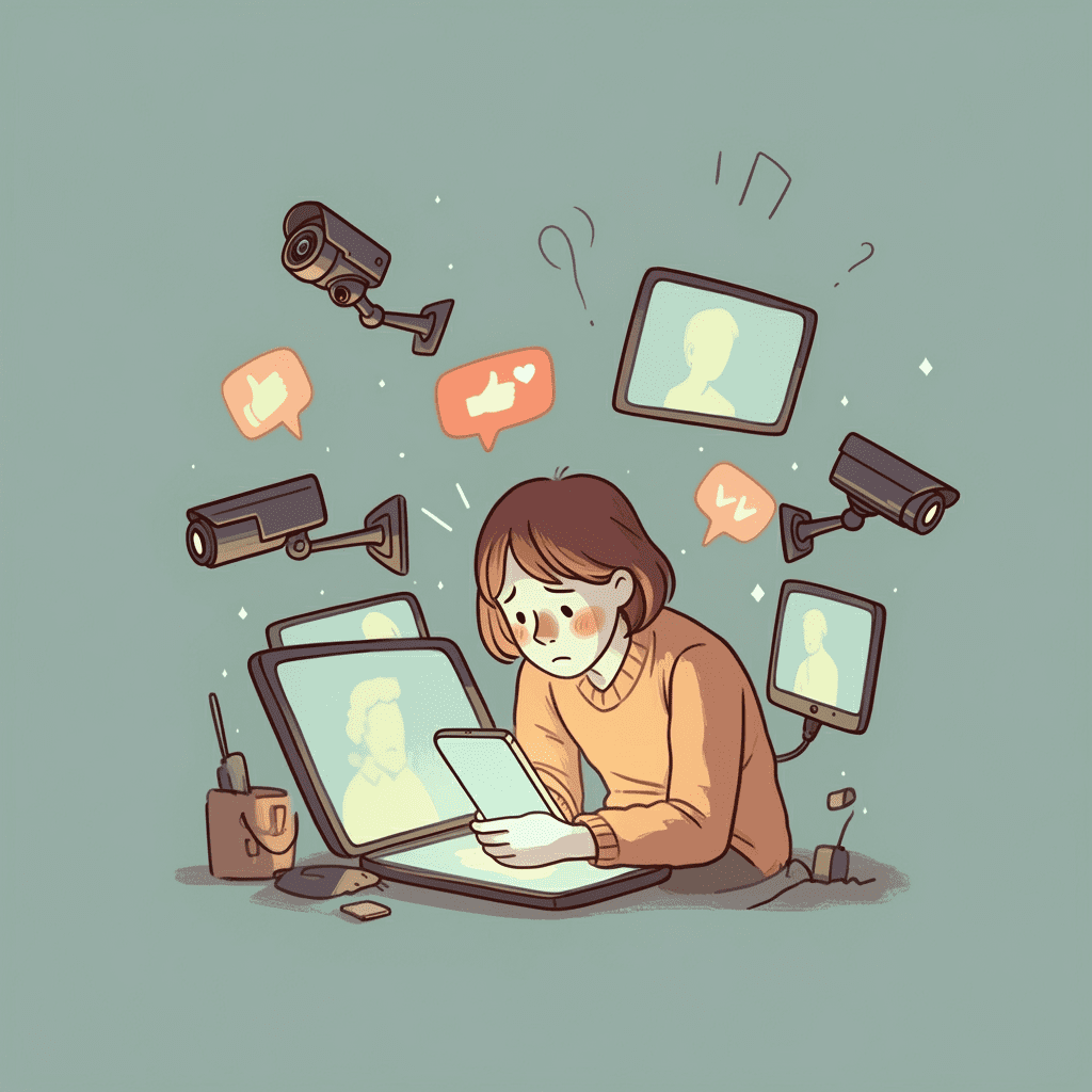 수많은 CCTV 카메라와 스크린이 한 사람을 지켜보고 있는 모습