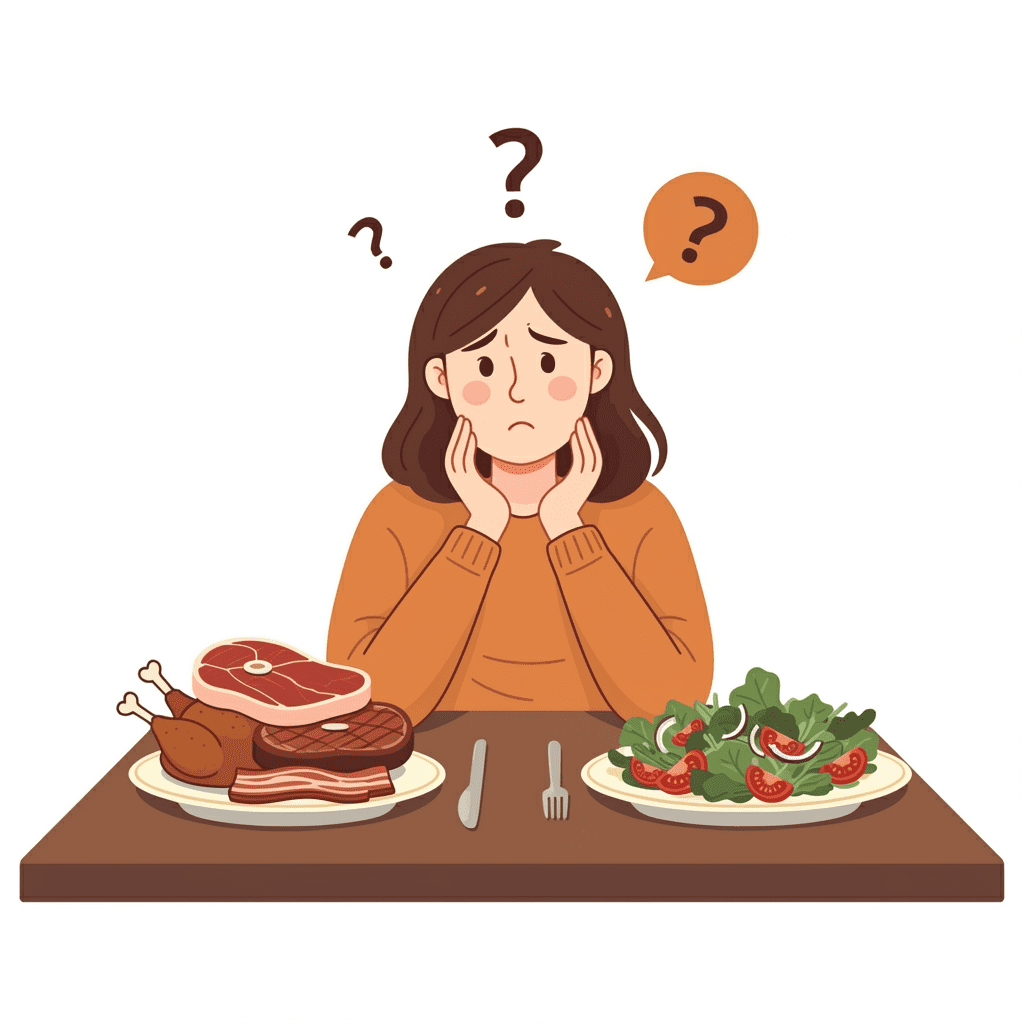 한 남자가 한쪽에는 고기만 가득한 접시, 다른 쪽에는 채소만 가득한 접시를 두고 고민하는 모습을 그린 일러스트