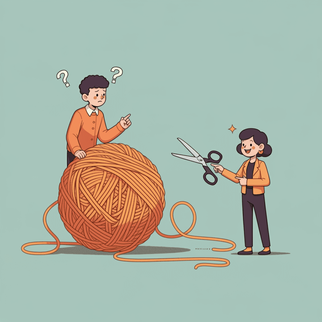 복잡하게 얽힌 실타래를 가위로 간단하게 잘라내는 모습을 표현한 일러스트