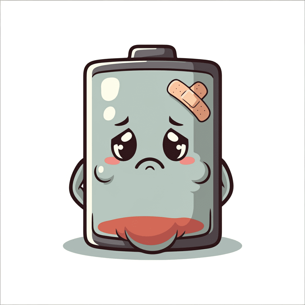 충격으로 인해 퉁퉁 부풀어 올라 슬픈 표정을 짓고 있는 스마트폰 리튬배터리