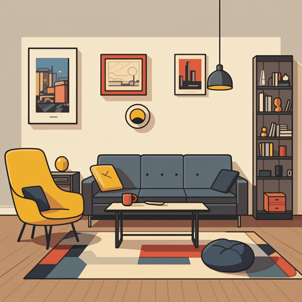 바우하우스 스타일의 미니멀한 가구와 건축물 일러스트