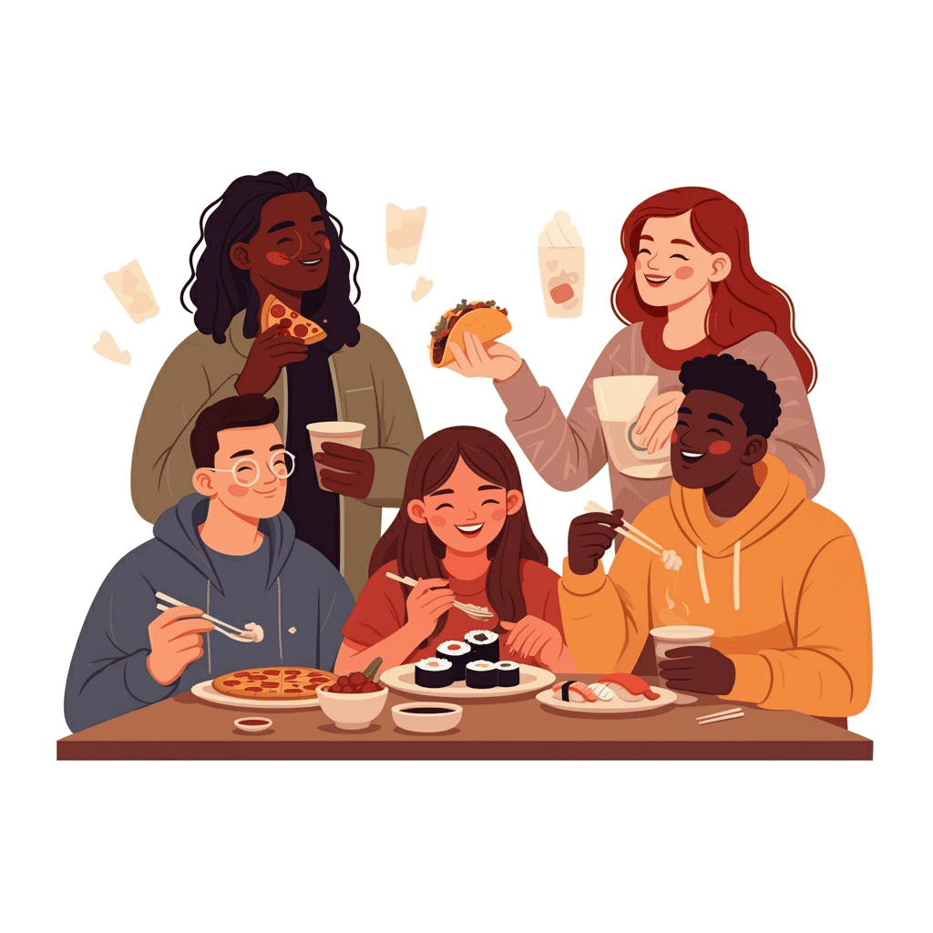 다양한 국적의 사람들이 지구 주위에 모여 즐겁게 소통하고 교류하는 모습의 일러스트