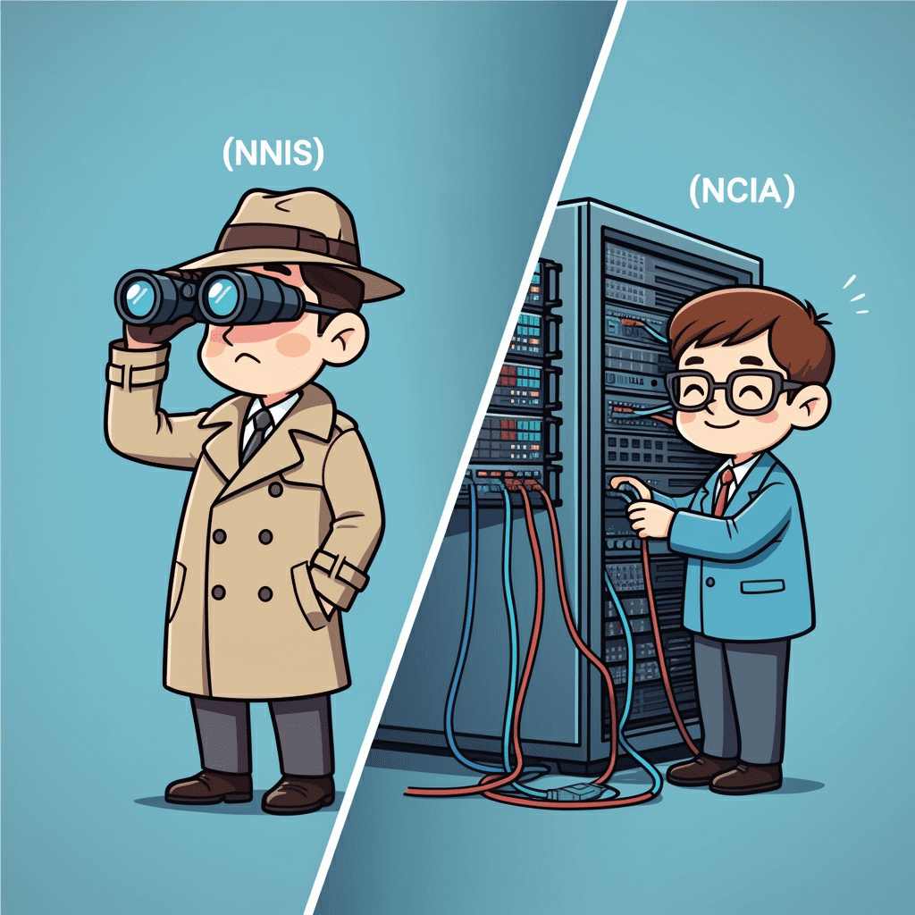 국정원 요원과 국정자원관리원 직원이 서로 다른 방향을 가리키는 유머러스한 일러스트