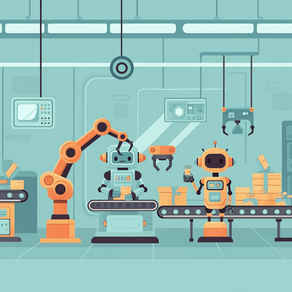 로봇 팔이 컨베이어 벨트 위에서 정밀하게 제품을 조립하고 있는 스마트 팩토리의 모습