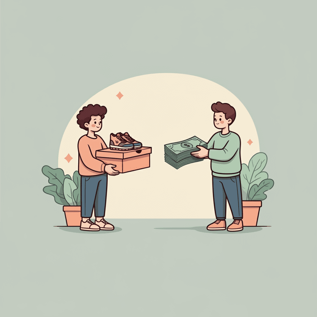 한정판 신발 상자를 든 사람이 다른 사람에게 웃돈을 받고 상자를 건네주는 모습을 표현한 일러스트