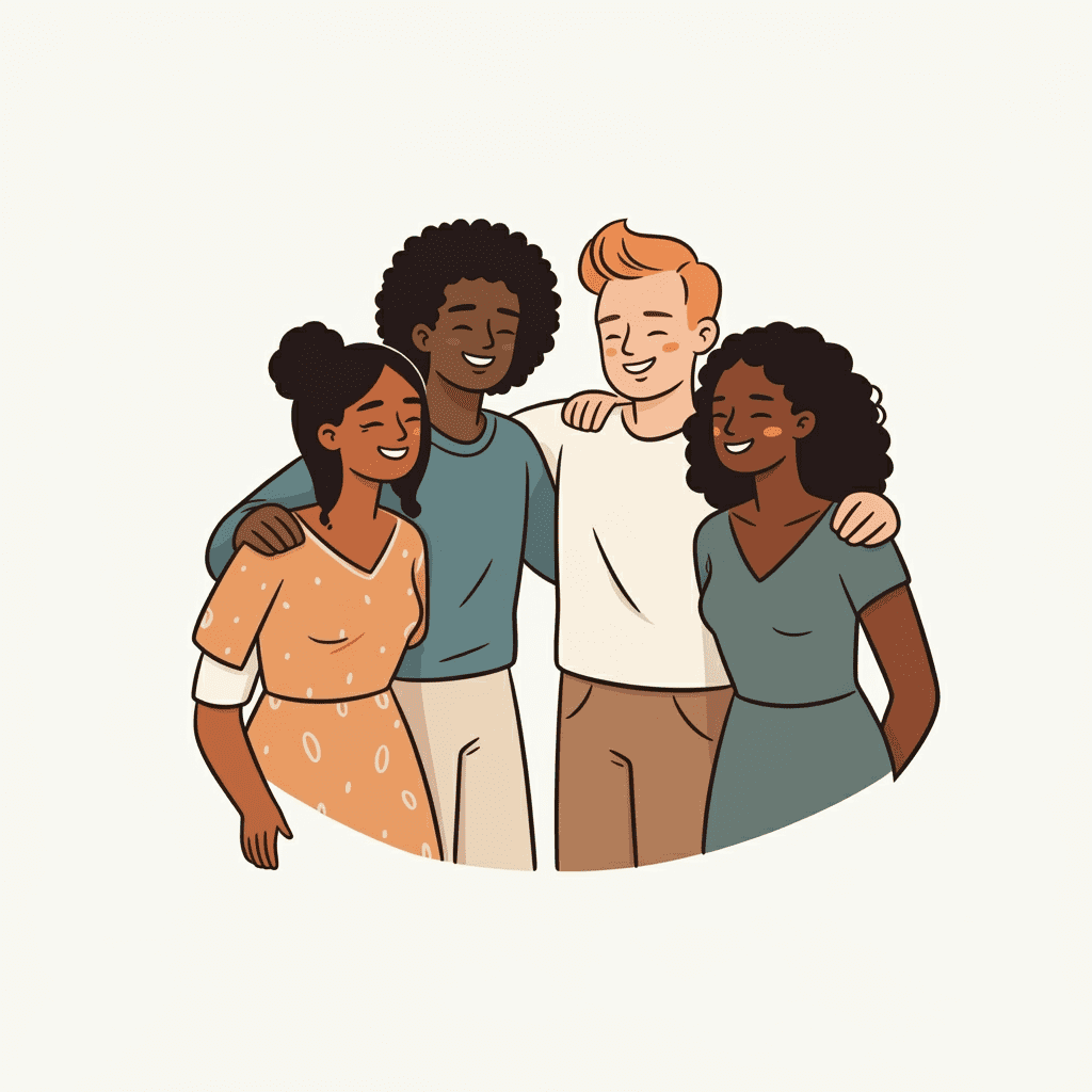 여러 명의 사람들이 서로 어깨동무를 하고 활짝 웃고 있는 모습