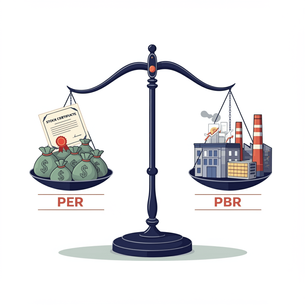 저울의 양쪽에 PER과 PBR 개념이 올려져 있는 모습. PER 쪽에는 돈주머니가, PBR 쪽에는 공장 건물이 올려져 있어 차이점을 시각적으로 보여준다.