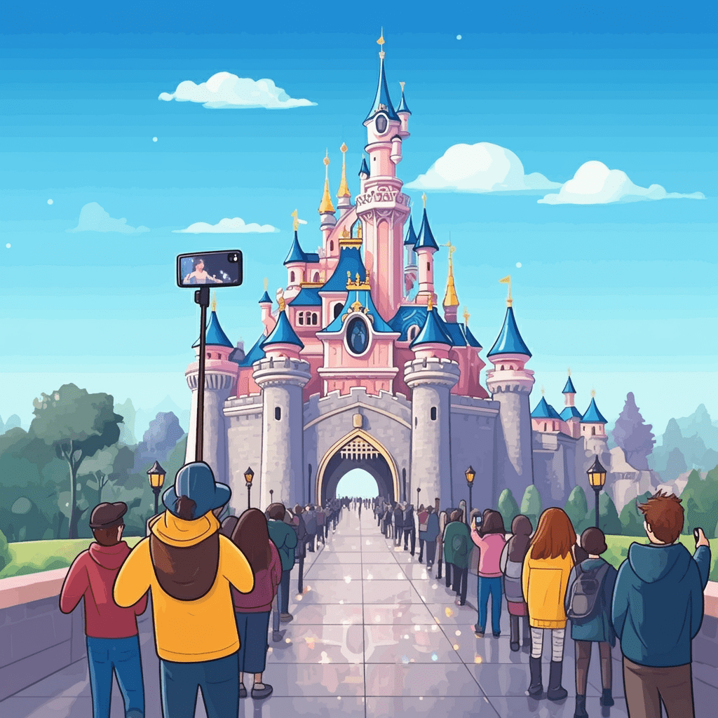 디즈니랜드를 배경으로 셀카를 찍는 사람들 일러스트