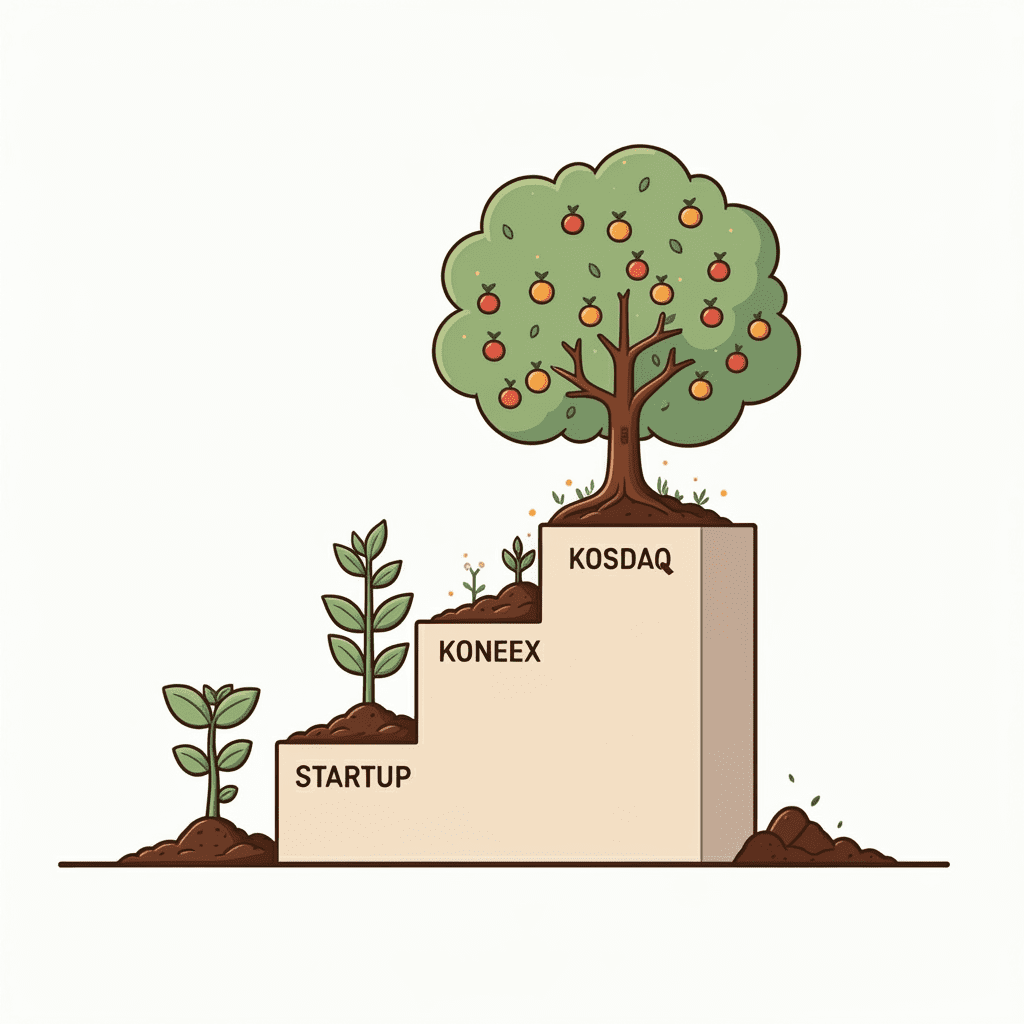 스타트업 단계에서 시작해 코넥스를 거쳐 코스닥으로 성장하는 과정을 보여주는 성장 사다리 그림