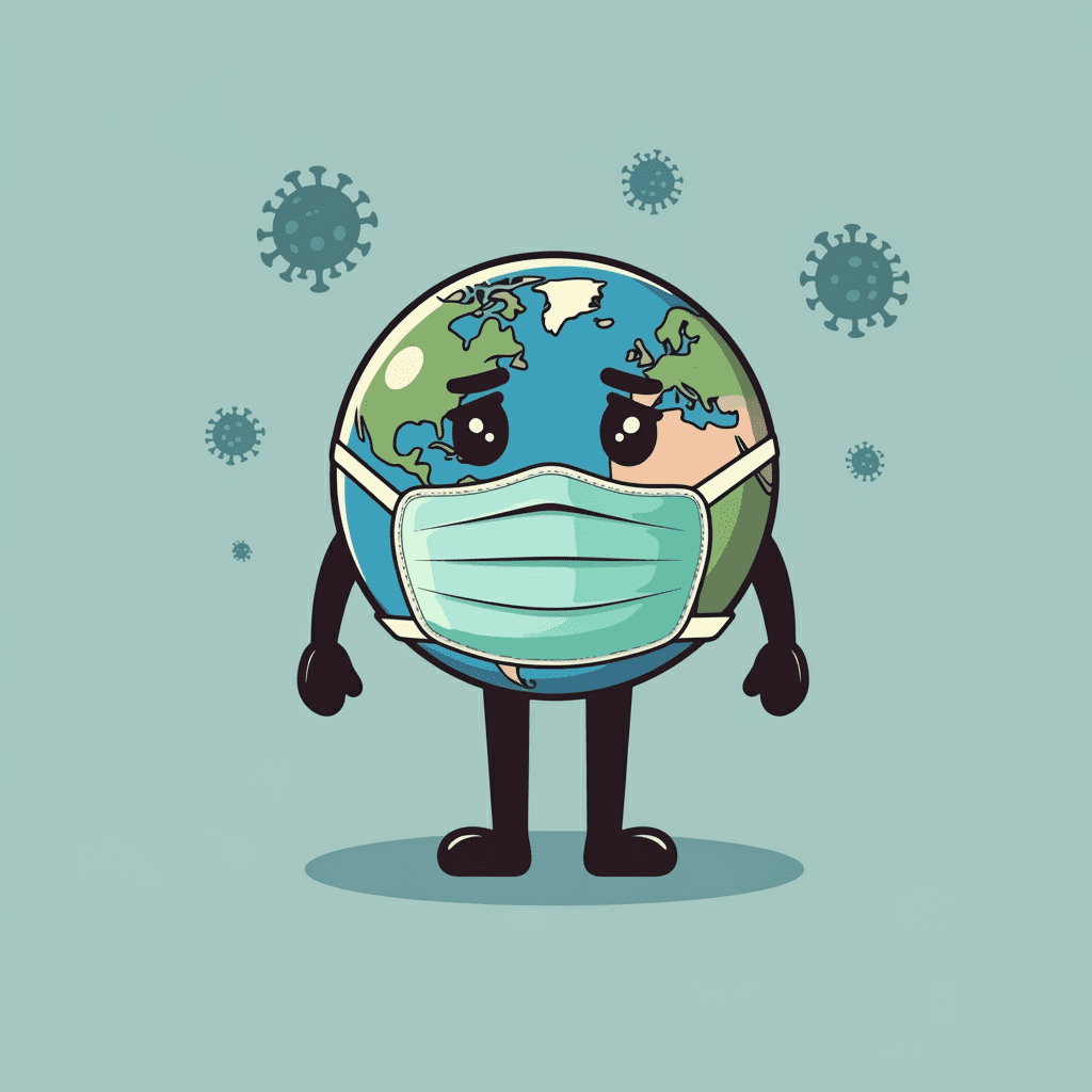 코로나19 바이러스로 인해 마스크를 쓴 슬픈 표정의 지구본 일러스트