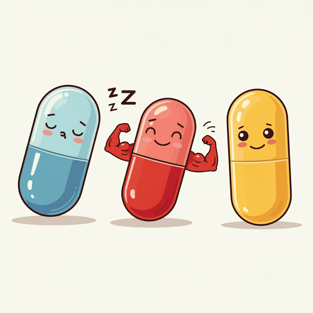 다양한 색깔의 알약들이 각기 다른 표정을 짓고 있는 일러스트. 파란 알약은 자고 있고 빨간 알약은 활기찬 모습.