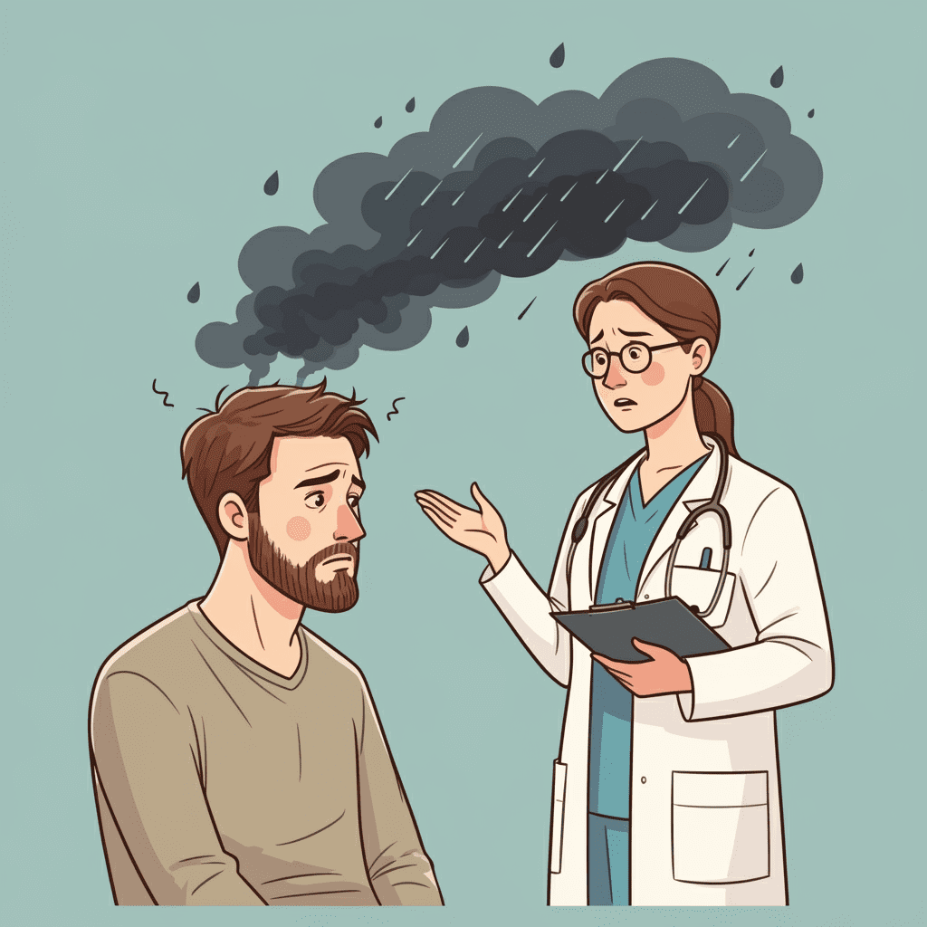 걱정스러운 표정의 의사가 환자에게 약의 부작용을 설명하자 환자의 머리 위에 먹구름이 생기는 모습