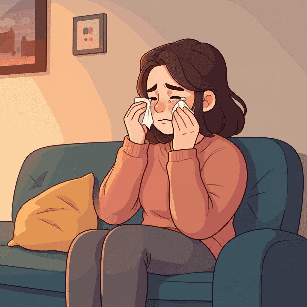 슬픈 영화를 보며 눈물을 흘리고 있지만, 한편으로는 후련한 미소를 짓고 있는 사람의 모습