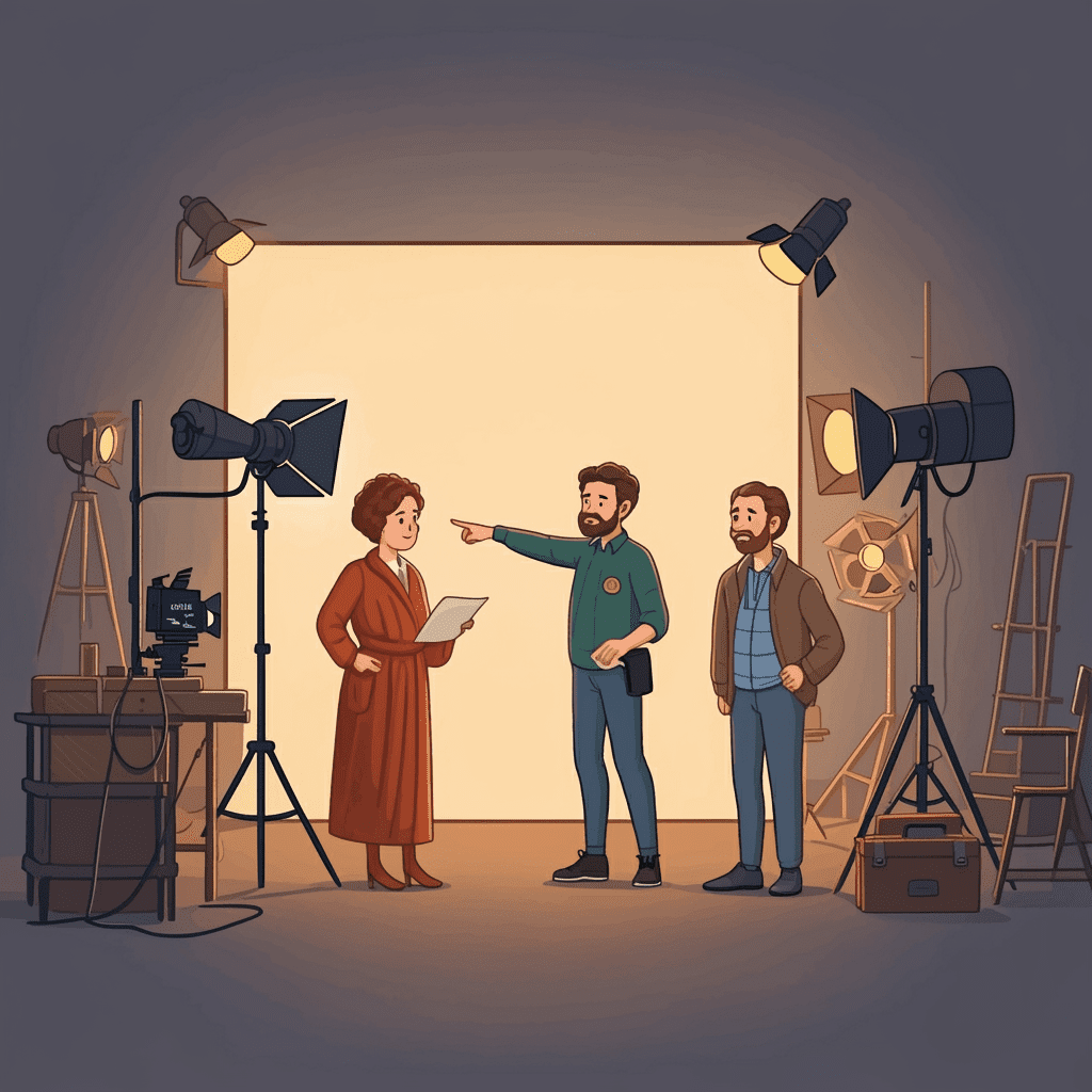 영화 감독이 세트장에서 배우와 소품 배치를 꼼꼼히 지시하며 미장센을 구성하는 장면을 묘사한 일러스트