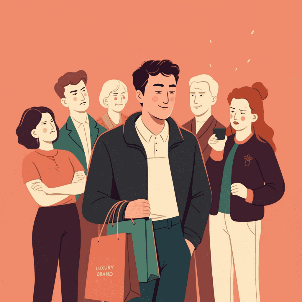 한 사람이 명품 쇼핑백을 자랑스럽게 들고 있고, 주변 사람들이 그를 부러운 눈으로 쳐다보는 삽화
